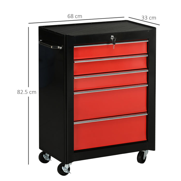 Heavy-Duty 5-Drawer Tool Chest - Portable Lockable Steel Storage Cabinet with Wheels & Handle - Ideal for Garage and Workshop Organization