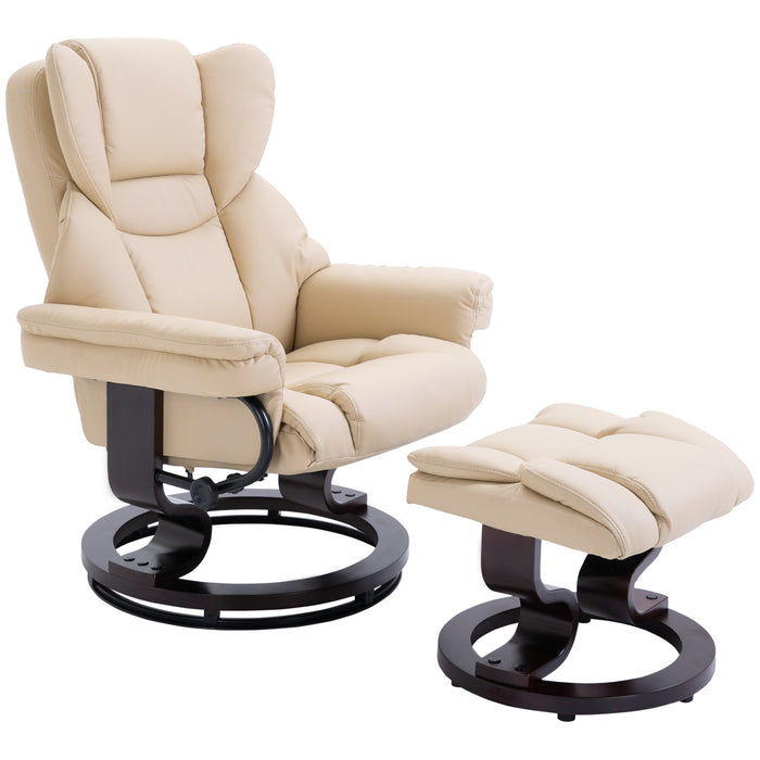 Reclining Swivel Armchair with Footstool - Padded PU Leather Duo, Manual Tilt & 360° Rotation, Cream - Comfortable Sitting Solution for Relaxation & Lounging