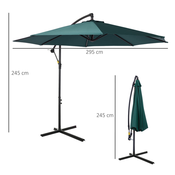 Banana Parasol Hanging Cantilever Umbrella - 3m with Crank Handle, 8 Ribs, Cross Base, Sun Shade in Dark Green - Ideal for Outdoor Relaxation and UV Protection