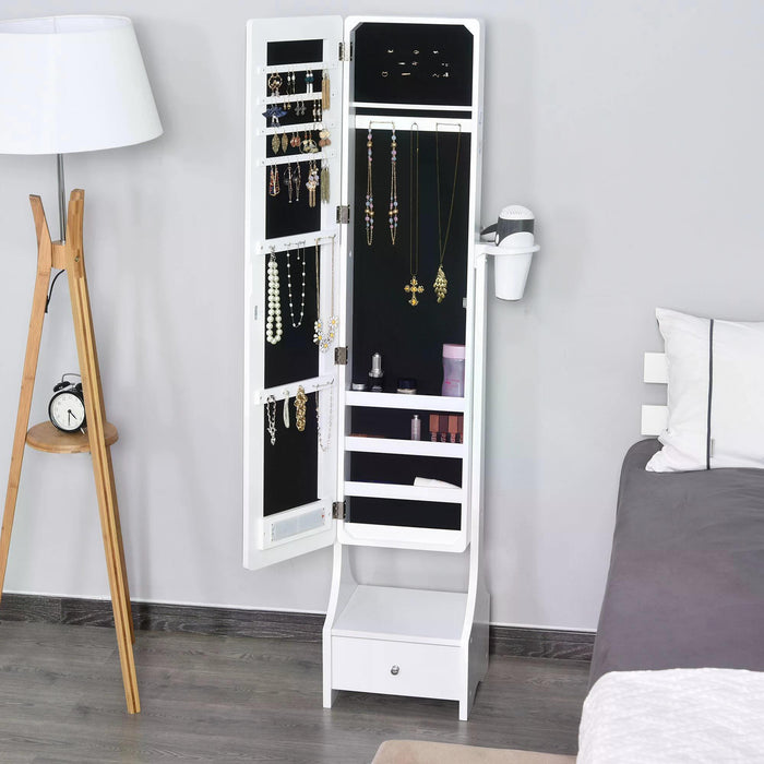 Freestanding Jewelry Armoire with LED Lights - Mirror Cabinet Storage with Hooks, Drawer, and Hairdryer Holder - Elegant Vanity Solution for Bedroom Organization