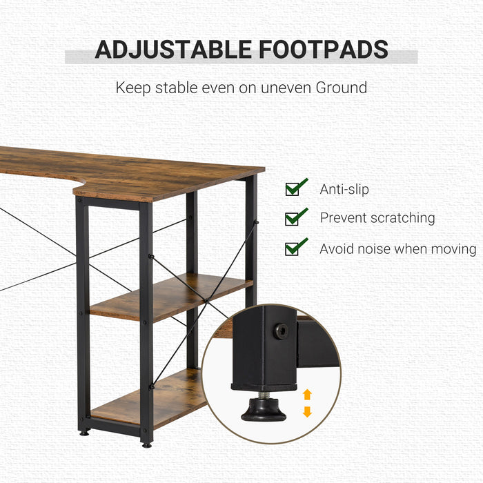L-Shaped Study Workstation - Home Office Corner Desk with Dual Shelves and Steel Frame - Ideal for Work and Study in Rustic Brown