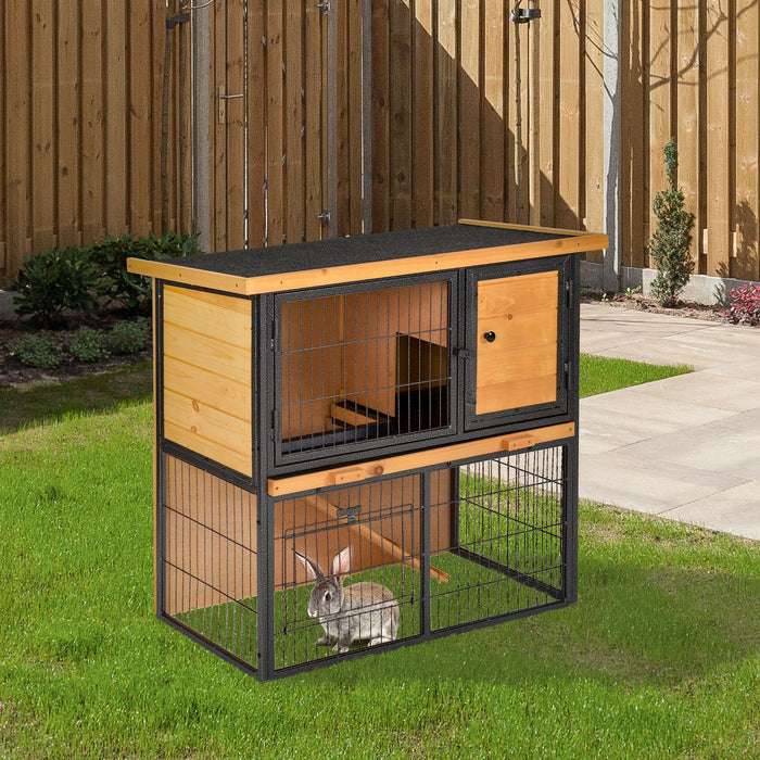 Elevated Wooden Rabbit Hutch with Metal Frame - Bunny Cage with Slide-Out Cleaning Tray, Asphalt Roof, Secure Lockable Door - Ideal for Outdoor Pet Housing and Protection