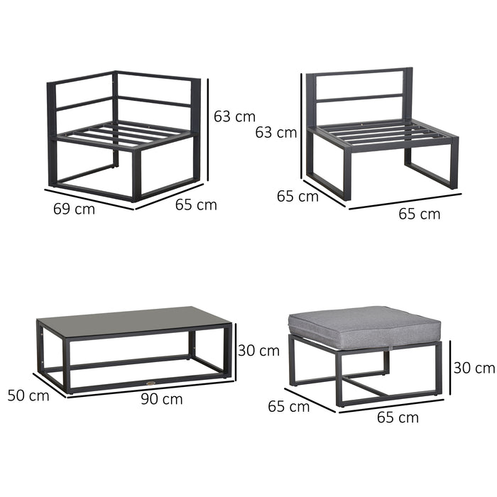 5-Piece Patio Lounge Set with Glass Top Coffee Table - Outdoor Sofa, Cushioned Seats, Metal Frame Construction - Ideal for Garden, Balcony, and Backyard Relaxation in Grey