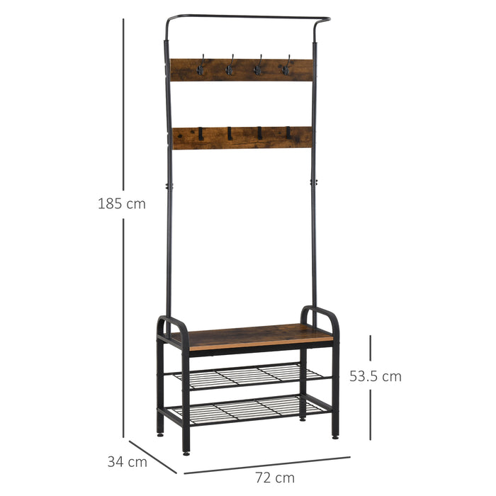 Industrial Style Coat and Shoe Rack Stand - Metal and Wood Hallway Organizer with Removable Hooks, Storage Shelf - Rustic Brown, Space-Saving Design for Entryway