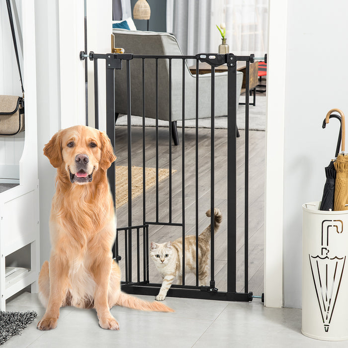 Extra Tall Pet Safety Gate with Cat Door - Doorway & Stair Protection with Auto Close and Double Locking - Ideal for Large Dogs & Small Pets, 104cm Height, 74-80cm Adjustable Width, Black