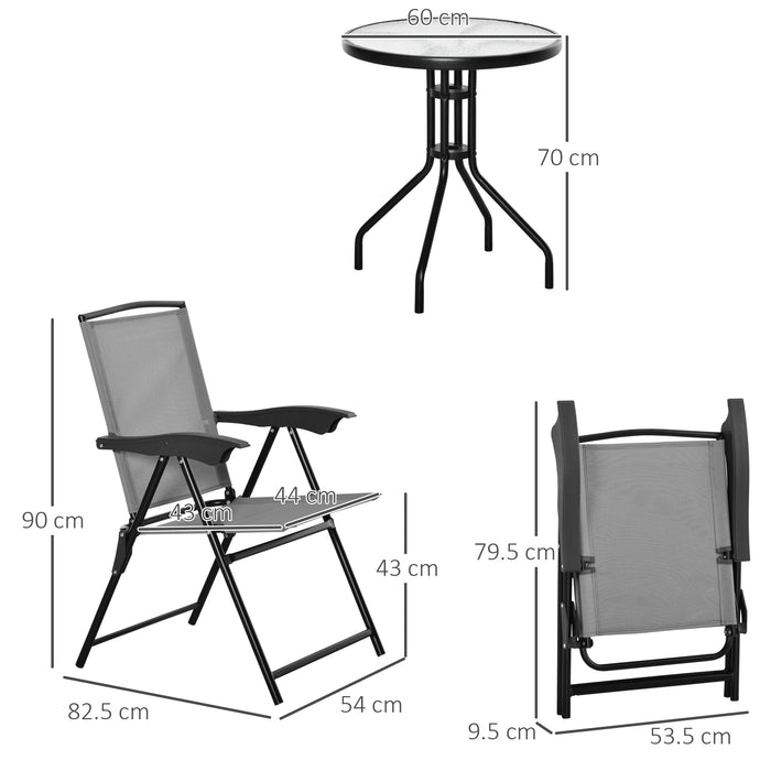 3 Piece Patio Bistro Set with Folding Chairs - Tempered Glass Table, Adjustable Backrest in Grey - Ideal for Outdoor Dining and Relaxation