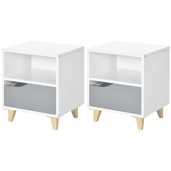 Modern White & Grey Bedside Table with Storage Drawer - Sleek Side End Table with Shelf & Wooden Legs, 36.8x33x43.8cm - Ideal for Bedroom Organization & Decor