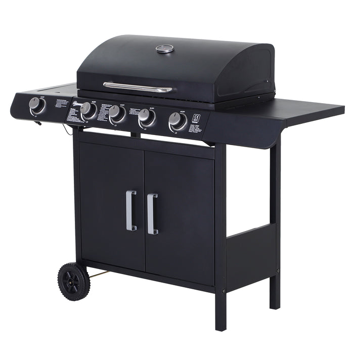 4+1 Gas Burner Grill - Outdoor BBQ Trolley with Smoker and Side Burner - Ideal for Backyard Garden Cooking with Storage and Mobility Wheels