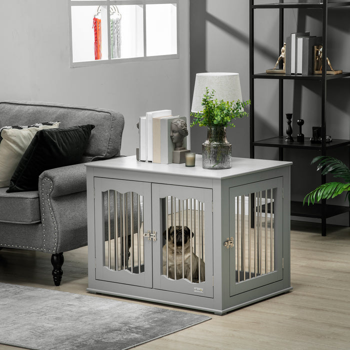 Three-Door Medium Dog Crate End Table - Furniture-Style Pet Crate with Secure Locks & Latches, Grey Finish - Ideal for Pet Confinement & Home Décor