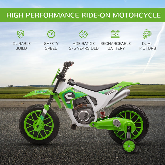 Kids Electric Motorbike with Training Wheels - 12V Battery-Powered Ride-On Motorcycle Toy, Green - Ideal for Children Aged 3-5 Years