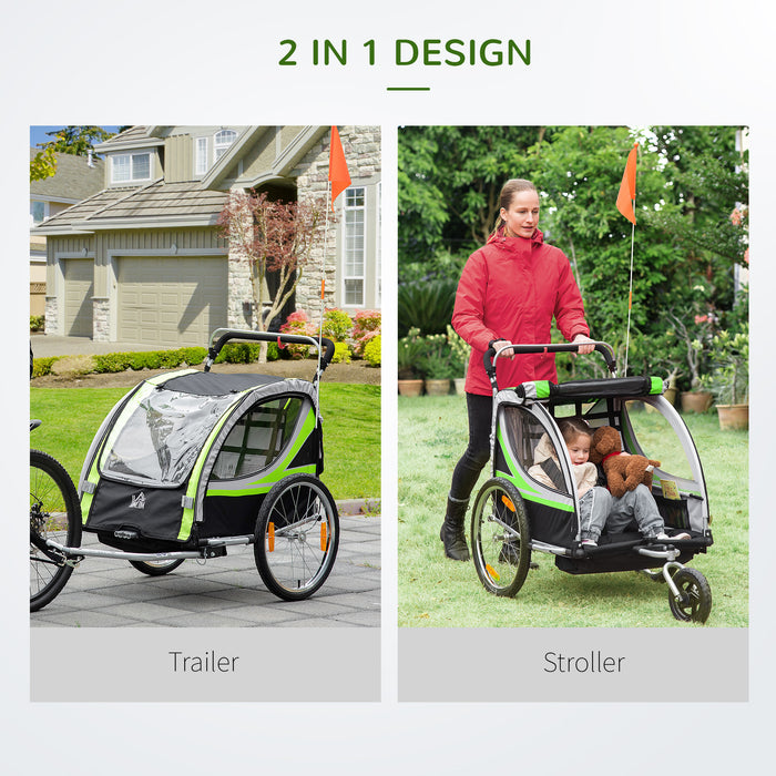 2-in-1 Child Bike Trailer and Baby Stroller - Double Seater Transport Carrier with Safety Harness, Brake System and Hitch Coupler - Ideal for Active Parents, Reflective Outdoor Gear, Storage Included