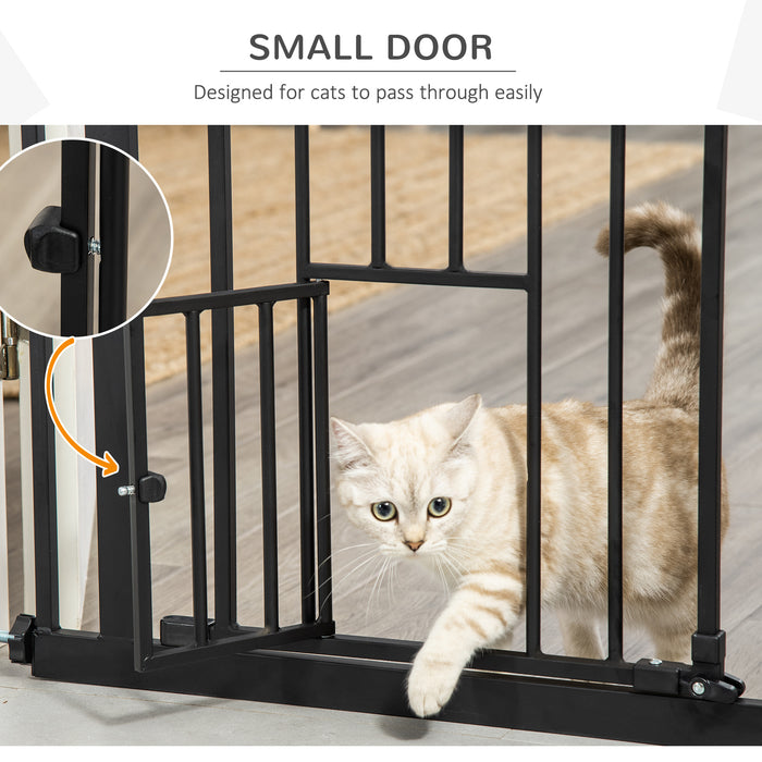 Extra Tall Pet Safety Gate with Cat Door - Doorway & Stair Protection with Auto Close and Double Locking - Ideal for Large Dogs & Small Pets, 104cm Height, 74-80cm Adjustable Width, Black