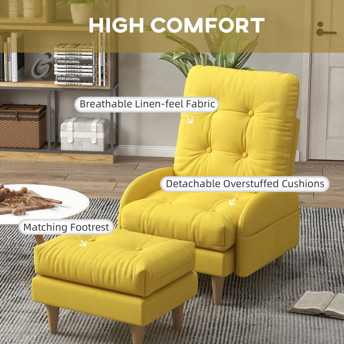 Modern Button-Tufted Upholstered Armchair and Footstool Combo - Adjustable Backrest, Side Pockets, Wood Legs, with Plush Cushions - Perfect for Relaxation and Contemporary Home Decor, Sunny Yellow