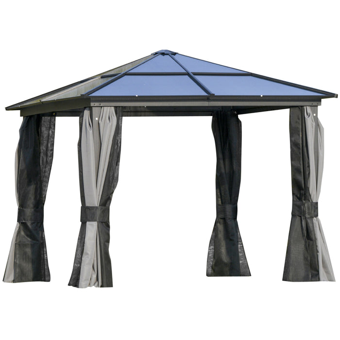 Hardtop Aluminum Gazebo 3x3m - UV-Resistant Polycarbonate Roof, Mosquito Netting & Curtains - Outdoor Patio Shelter for Garden Entertaining