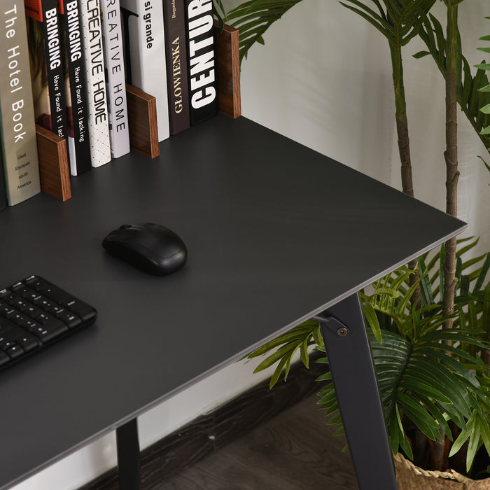 Modern Computer Desk with Hutch and Drawer - Laptop Writing Table Workstation in Brown and Black - Ideal for Home Office Use