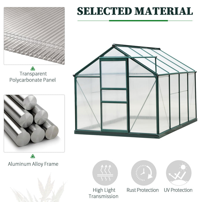 Large Walk-In Aluminium Greenhouse - 6x8 ft Garden Plant Grow House with Galvanized Base and Sliding Door - Ideal for Horticulture Enthusiasts