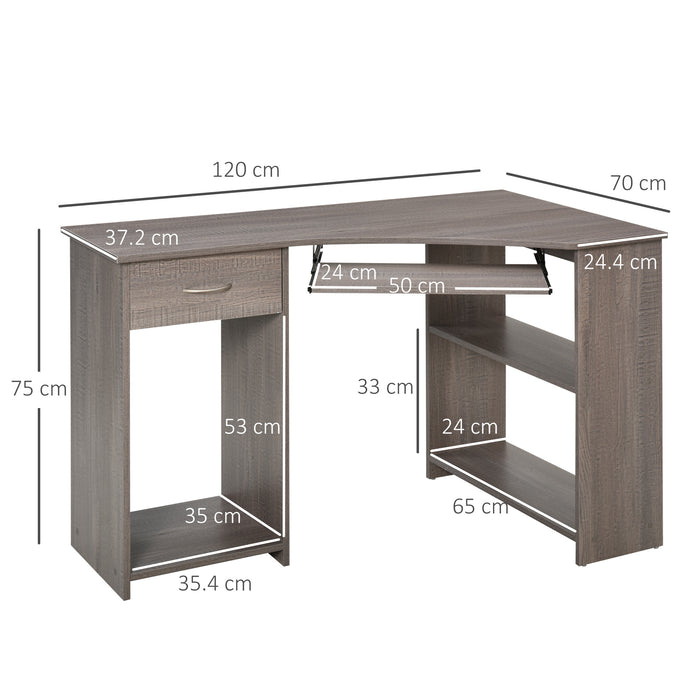 L-Shaped Corner Desk with Keyboard Tray and CPU Stand - Spacious Worktop with 2 Shelves and Drawer for Home Office - Ideal for Study Room and Bedroom, Grey Finish