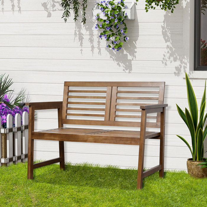 Outdoor 2-Seater Wooden Bench - Patio Loveseat Chair with Backrest and Armrest, Brown - Ideal for Yard, Lawn, and Porch Relaxation