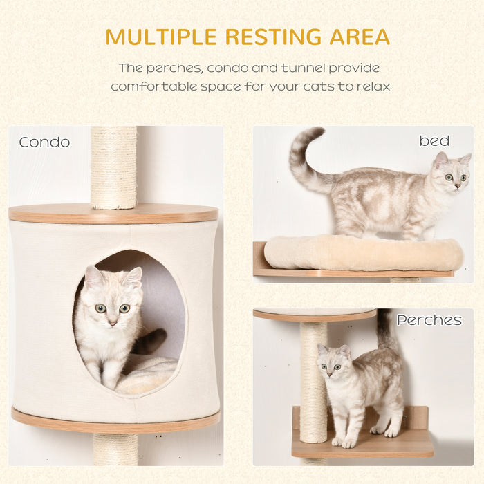 Wall-Mounted Cat Tree with Condo Bed - Indoor Kitten Perch, Climber & Scratching Post Furniture in Beige - Space-Saving Shelter for Cats