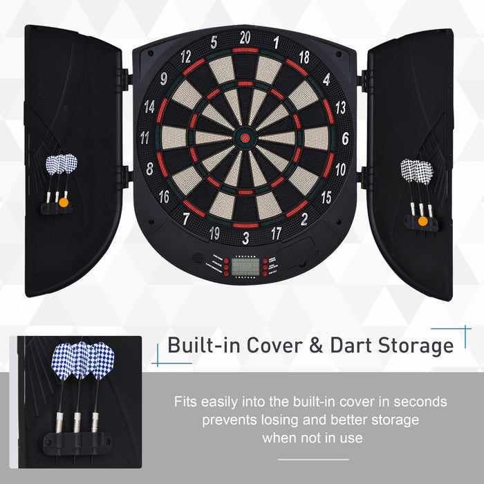 Electronic Dartboard Set - 26 Games, 185 Variations, Storage Cabinet, 6 Darts Included - Multi-Game Entertainment for Home Use