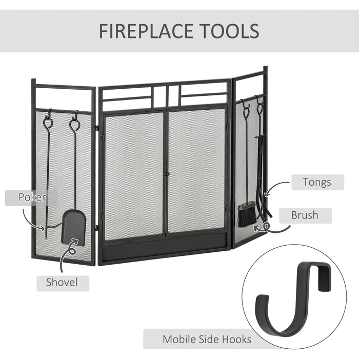 Folding Steel Fire Guard with Double Doors - Triple Panel Mesh Fireplace Screen for Open Fires, 122cm Width x 80cm Height - Safety Accessory for Home Fireplaces