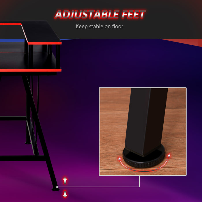 Ergonomic L-Shaped Gaming Desk - Elevated Monitor Shelf, Corner Computer Workstation in Black and Red - Ideal for Gamers and Home Office Setup