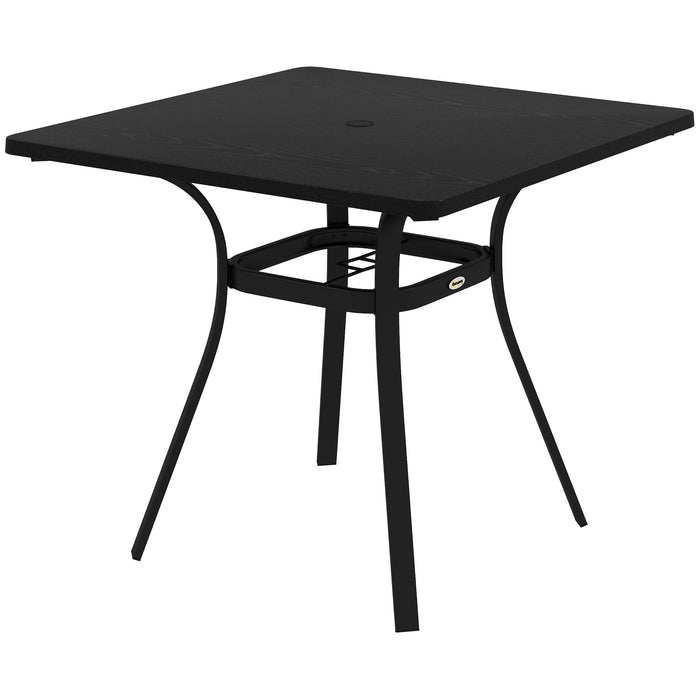 Sturdy Black Steel Garden Table with Metal Top - Foot Pads & Umbrella Hole for Outdoor Use - Ideal for Balcony & Porch Spaces