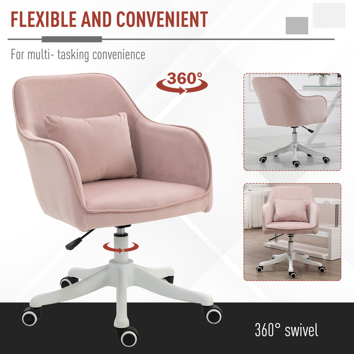 Luxurious Velvet Office Chair with Massage Pillow - Ergonomic Adjustable Height Seating with Casters - Comfortable Home Desk Chair for Work & Relaxation, Pink