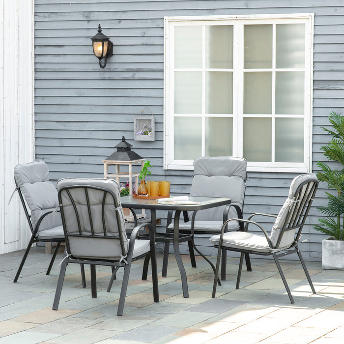 5-Piece Garden Dining Set - Outdoor Square Table with Tempered Glass Top and Umbrella Hole, 4 Cushioned Armchairs - Ideal for Patio Entertaining and Family Meals