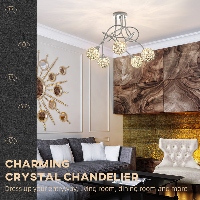 Modern Crystal Ball Chandelier - 5-Shade Ceiling Pendant Light Fixture with G9 Bulbs - Elegant Silver Lighting for Living Room and Dining Area