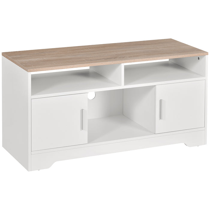 Modern TV Stand for 42-Inch Screens - Stylish Storage with Cabinets & Shelves, Wide Tabletop - Ideal for Living Room, Bedroom Decor in White & Wood Finish