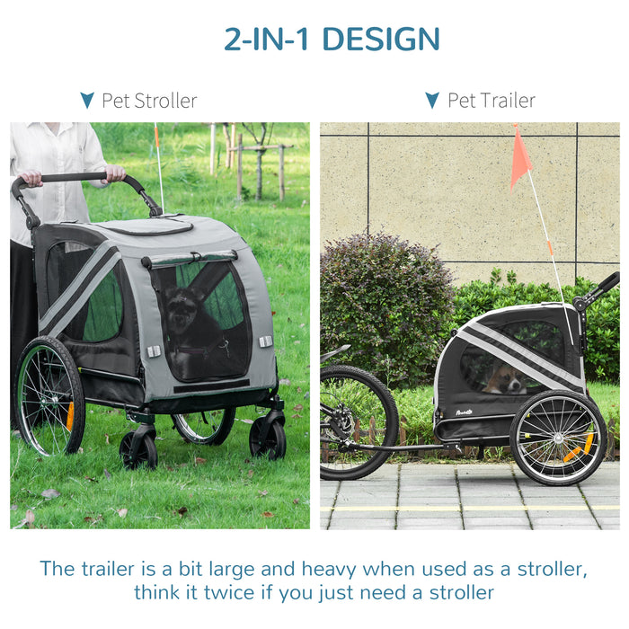 2-in-1 Dog Bike Trailer & Pet Stroller - Steel Frame Bicycle Carrier with Universal Wheel, Reflectors, and Flag in Grey - Ideal Travel Accessory for Pet Owners