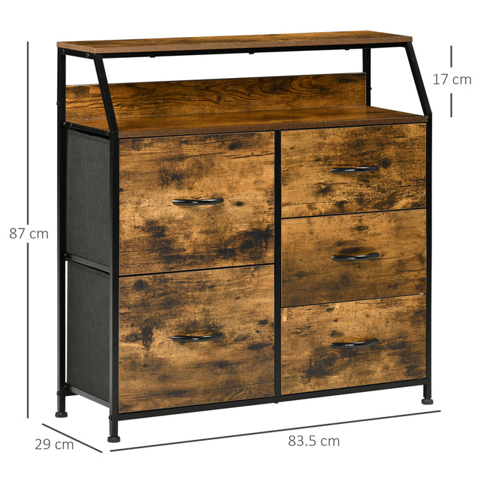 Industrial Dresser with 5 Fabric Drawers - Rustic Brown Bedroom Chest with Open Shelf - Space-Saving Storage for Living Room or Bedroom