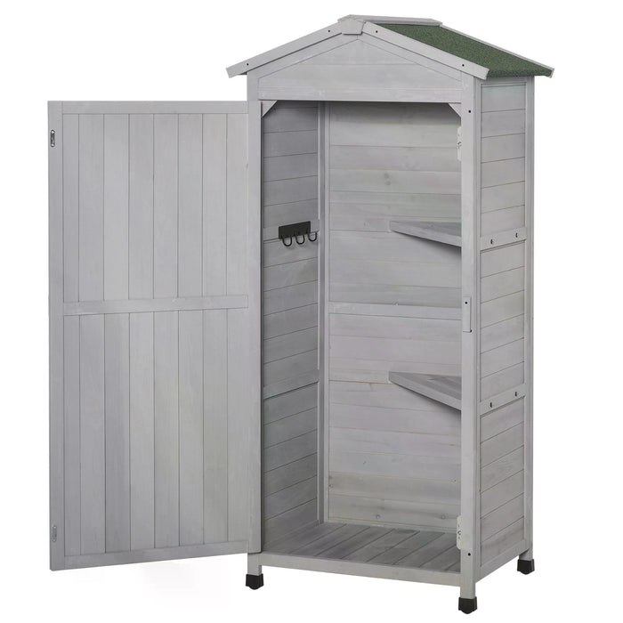 3-Tier Wooden Garden Cabinet - Outdoor Storage Shed with 2 Shelves and Lockable Doors, Hooks, Foot Pad - Light Grey Organizer for Tools and Equipment