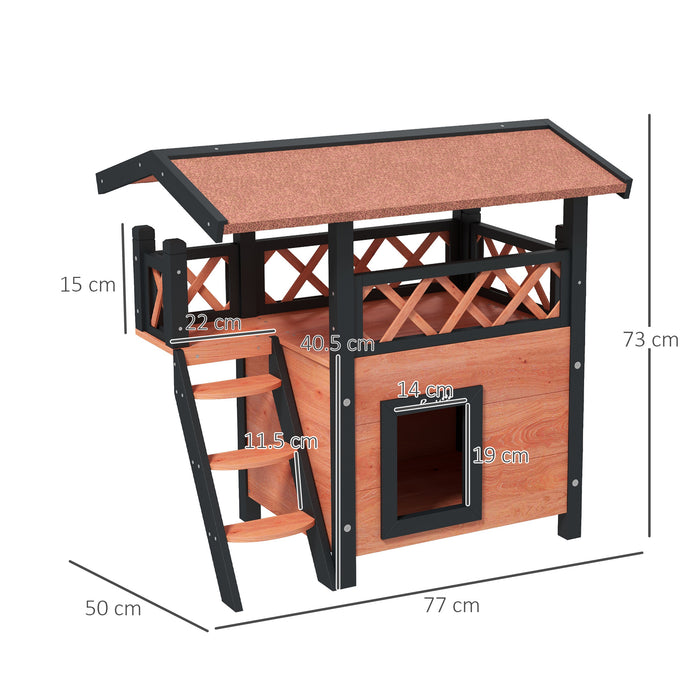 Outdoor Wooden Cat Shelter with Balcony and Stairs - Weatherproof Roof, Spacious 77x50x73cm, in Elegant Brown - Ideal for Feline Outdoor Living and Protection