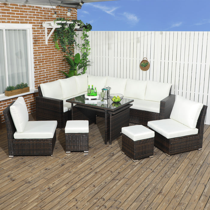 7-Piece Rattan Garden Furniture Set - Cushioned Sofa, Footstools, Expandable Glass Table, Seats 10 in Cream - Ideal for Outdoor Entertaining and Relaxation