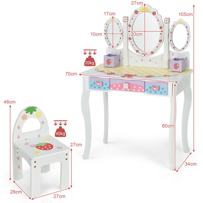 Kids Paradise - Dressing Table, Chair Set, Pink, 3 Mirrors, 3 Drawers - Perfect for Children's Room Setup