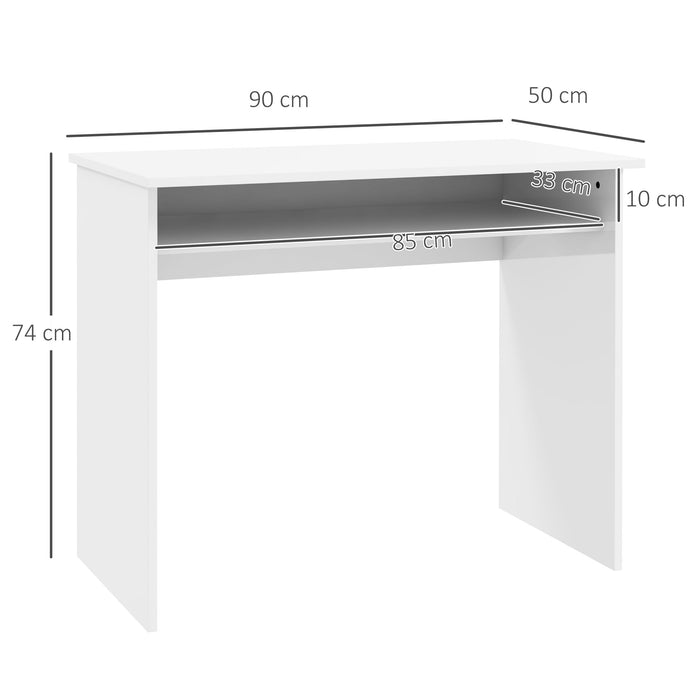 Modern High Gloss White Computer Table - 90x50cm Home Office Desk with Storage Shelf - Compact Writing Space for Small Areas