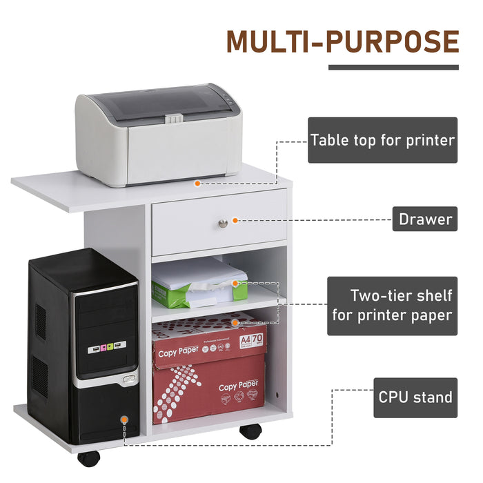 Mobile Printer Stand with CPU Holder - Rolling Desk Side Cart, Drawer, Adjustable Shelf & Wheels in White - Space-Saving Office Organizer for Printers & Accessories