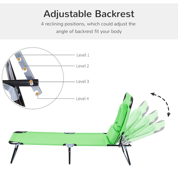 Foldable Sun Lounger with Pillow - Reclining Chair with Reading Hole for Beach & Garden - Adjustable Outdoor Recliner in Green for Relaxation