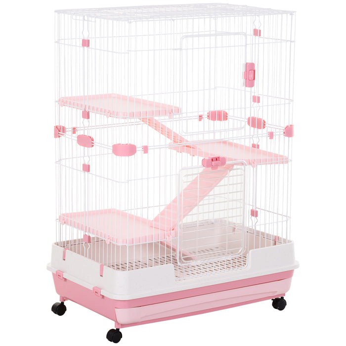 Multi-Level Small Pet Habitat with Wheels - 4-Tier Cage for Bunnies, Ferrets, Chinchillas - Easy Mobility & Cleaning with Removable Tray in Pink