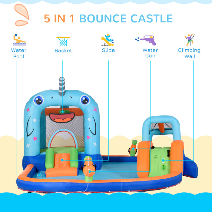 5-in-1 Narwhal-Themed Inflatable Bounce Castle - Slide, Trampoline, Pool, Climbing Wall & Water Gun Fun - Complete with Air Pump & Carry Bag for Easy Storage