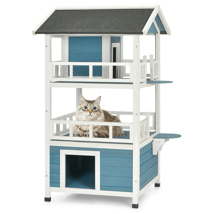 Wooden 3 Storey Cat House - Fenced Enclosure Design, Sloping Asphalt Roof - Perfect Shelter for Outdoor Cats