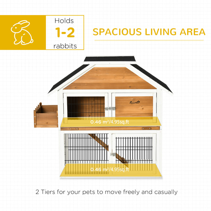 2-Tier Wooden Rabbit Hutch - Guinea Pig Cage with Bunny Run, Slide-out Tray, and Ramp, Plant Box - Ideal for Small Animal Pet Housing and Outdoor Garden Access, 123x58x106cm, Natural Finish