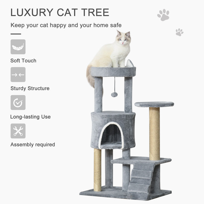 Cat Tree Tower Condo - 100cm Multi-Level Playhouse with Climbing Ladder, Scratching Post & Hanging Toy Ball - Ideal for Exercise and Relaxation for Cats in Light Grey