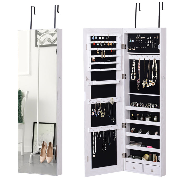 Mirrored Jewelry Cabinet Organizer with LED Lights - Door or Wall Mounted, Lockable Storage - Space-Saving Solution for Accessories and Valuables