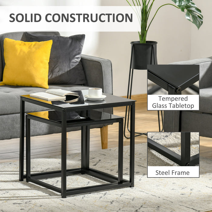 Modern Nesting Side Table Duo - Tempered Glass Top with Sleek Black Frame - Versatile Accent Tables for Living Room, Bedroom, or Office