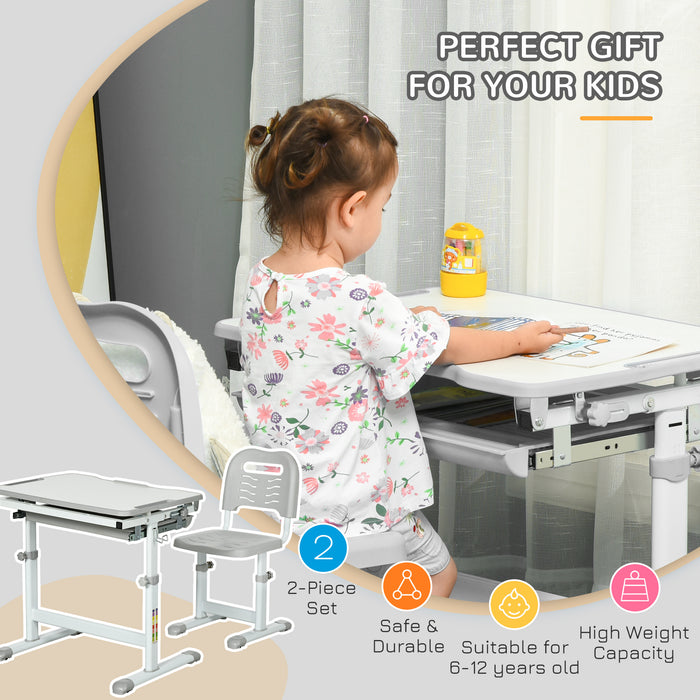 Adjustable Kids Desk & Chair Set - Ergonomic Student Writing and Study Table with Tilting Desktop, Grey - Ideal for Homework and Art Projects