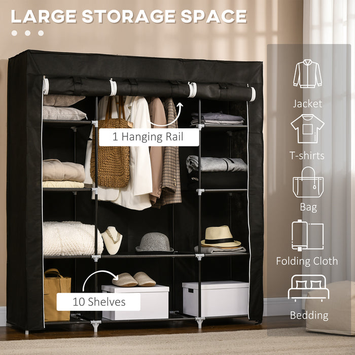 Portable Fabric Wardrobe Organizer with 10 Shelves & Hanging Rail - 150x43x162.5 cm Foldable Closet, Black - Ideal Storage Solution for Clothes and Accessories