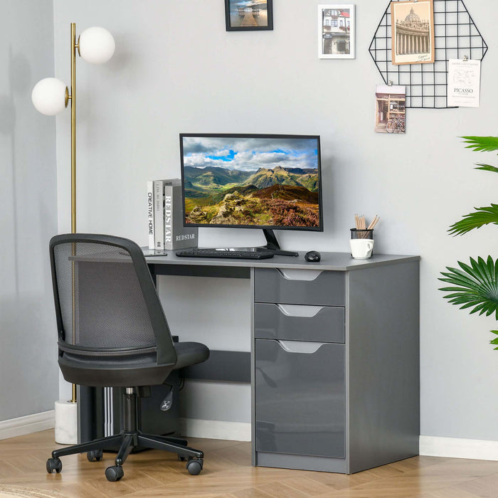 Modern High Gloss Grey Computer Desk - Writing Workstation with Drawers and Storage Cabinet - Ideal for Home or Office Study Area